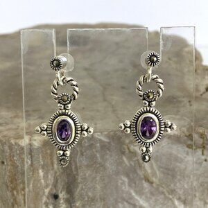 Sterling Silver 925 Oval Purple CZ & Marcasite Rope Accent Dangle Drop Earrings
